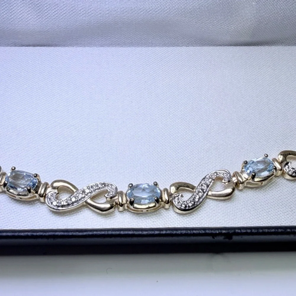 18KT Gold Over Silver Blue Topaz Diamond Infinity Link‎ Bracelet 925 China